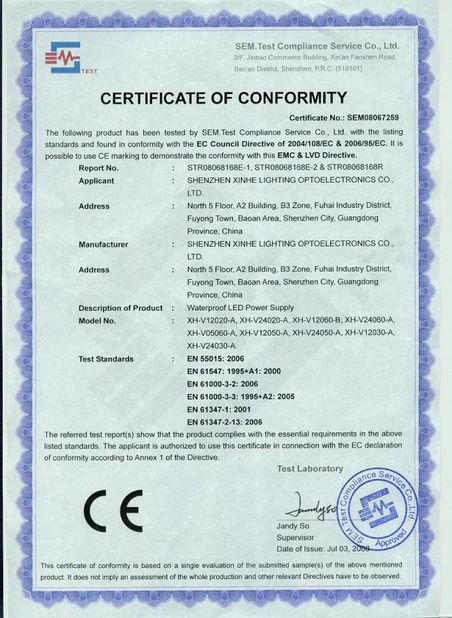الصين Shenzhen Xinhe Lighting Optoelectronics Co., Ltd. الشهادات